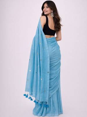 Blue embellished sequinned  cotton khadi saree 3
