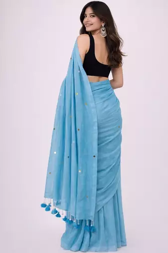 Blue embellished sequinned  cotton khadi saree