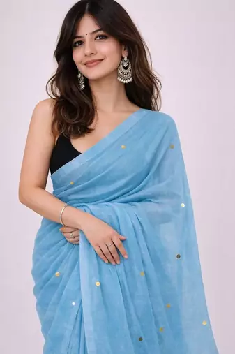 Blue embellished sequinned  cotton khadi saree