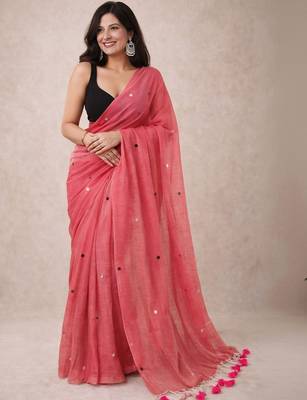 Pink embellished sequinned  cotton khadi saree 1
