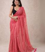 Pink embellished sequinned  cotton khadi saree
