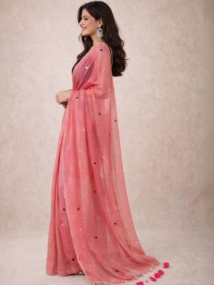 Pink embellished sequinned  cotton khadi saree 2