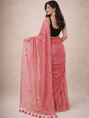 Pink embellished sequinned  cotton khadi saree 3