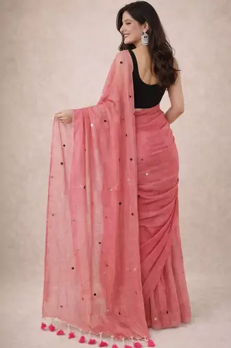 Pink embellished sequinned  cotton khadi saree