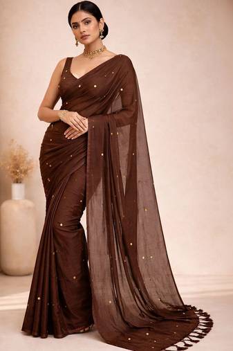 Brown embellished  cotton khadi saree
