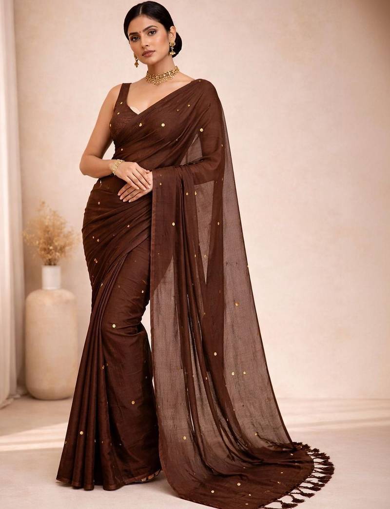 Brown embellished  cotton khadi saree
