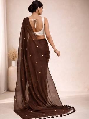 Brown embellished  cotton khadi saree 3
