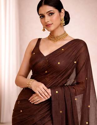 Brown embellished  cotton khadi saree 5