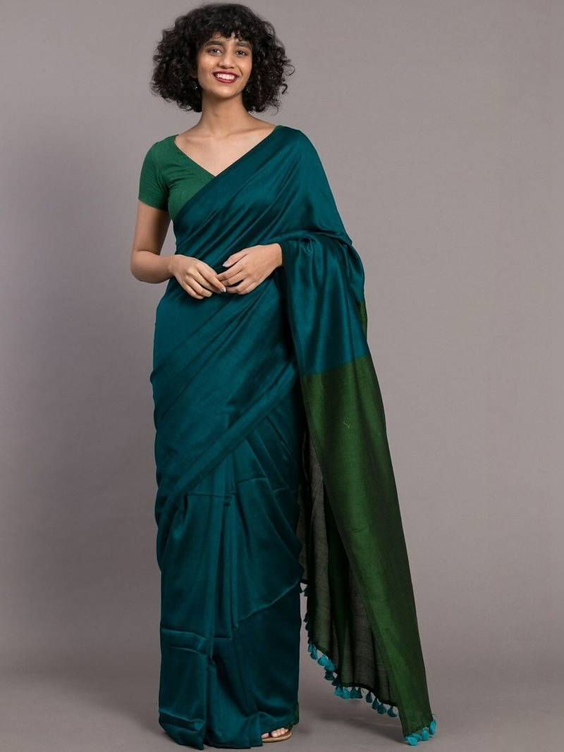 Teal khadi saree