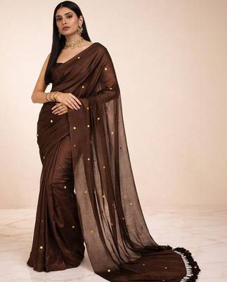 Brown embellished  cotton khadi saree 1