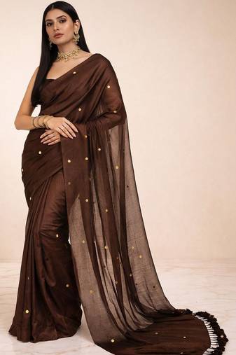 Brown embellished  cotton khadi saree