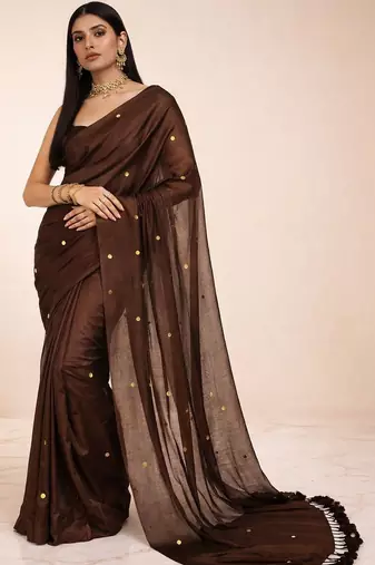 Brown embellished  cotton khadi saree
