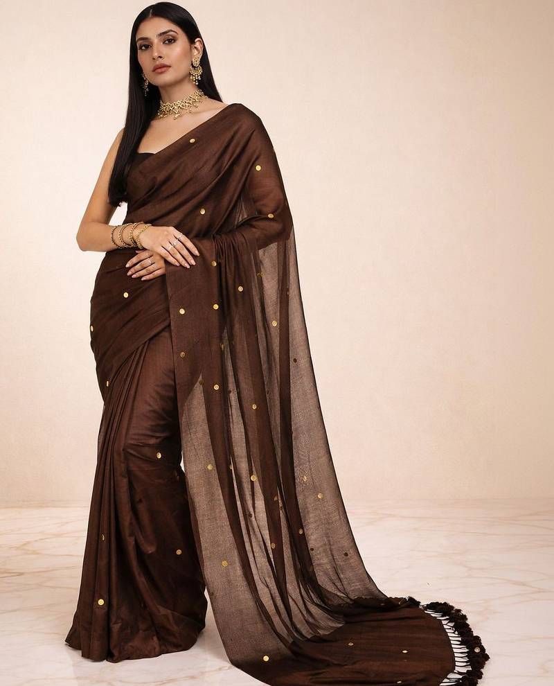Brown embellished  cotton khadi saree