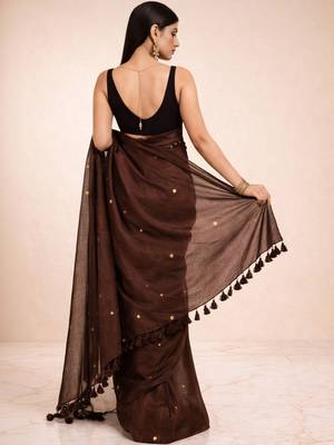 Brown embellished  cotton khadi saree 3