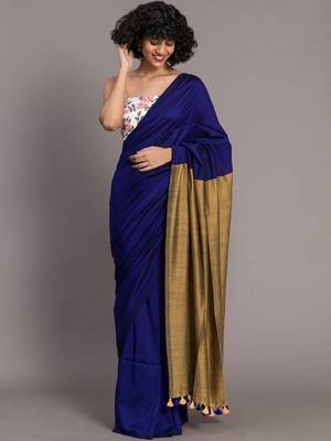 Blue colourblocked handloom khadi saree 1