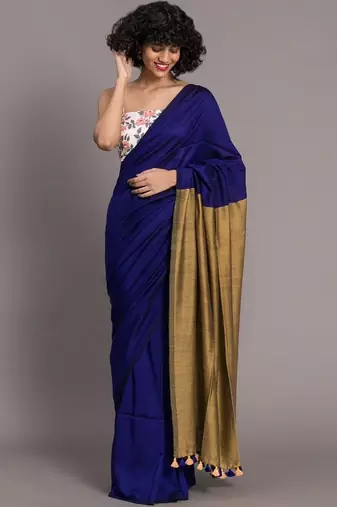 Blue colourblocked handloom khadi saree