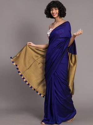 Blue colourblocked handloom khadi saree 2