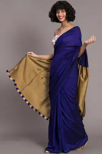 Blue colourblocked handloom khadi saree