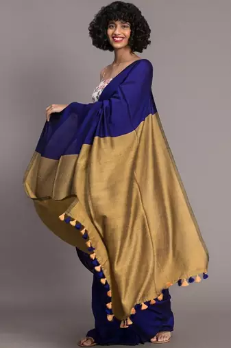 Blue colourblocked handloom khadi saree