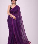 Purple mirror work  cotton khadi saree