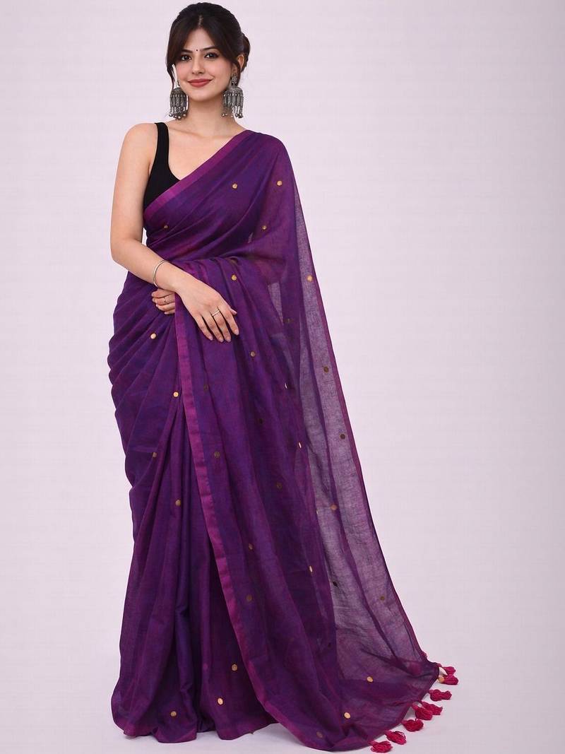 Purple mirror work  cotton khadi saree