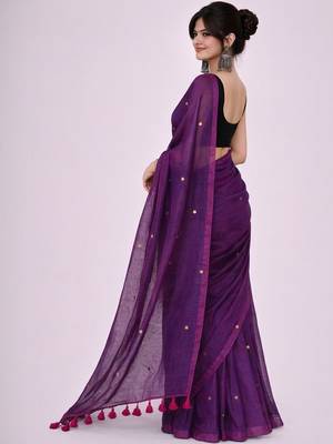 Purple mirror work  cotton khadi saree 3
