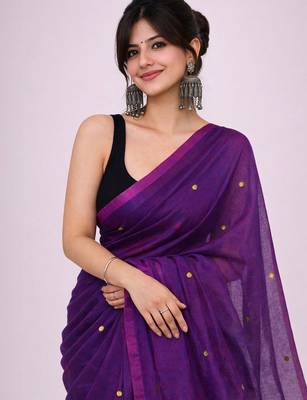 Purple mirror work  cotton khadi saree 4