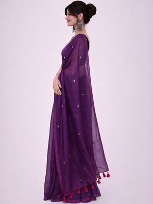 Purple mirror work  cotton khadi saree 5