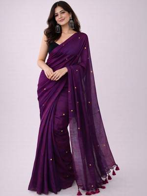 Purple embellished sequinned  cotton khadi saree 1