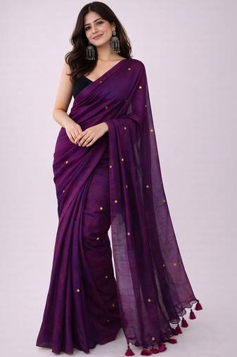 Purple embellished sequinned  cotton khadi saree