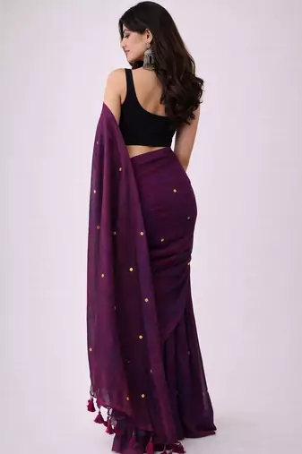 Purple embellished sequinned  cotton khadi saree