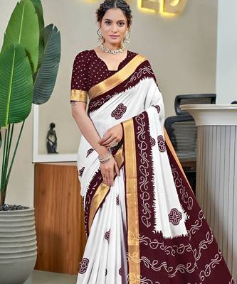 White bandhani printed zari border  cotton saree with blouse piece 1