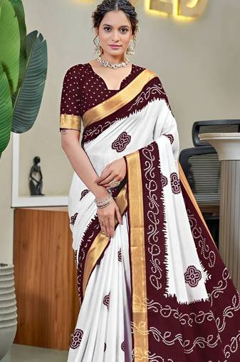 White bandhani printed zari border  cotton saree with blouse piece