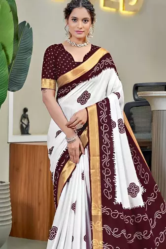 White bandhani printed zari border  cotton saree with blouse piece