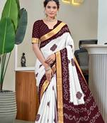 White bandhani printed zari border  cotton saree with blouse piece