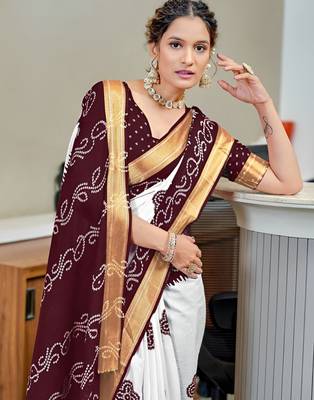 White bandhani printed zari border  cotton saree with blouse piece 3