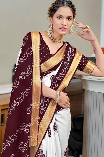White bandhani printed zari border  cotton saree with blouse piece