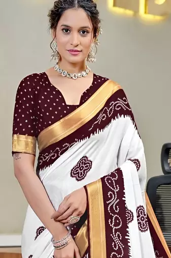 White bandhani printed zari border  cotton saree with blouse piece