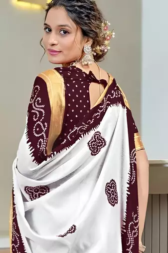 White bandhani printed zari border  cotton saree with blouse piece