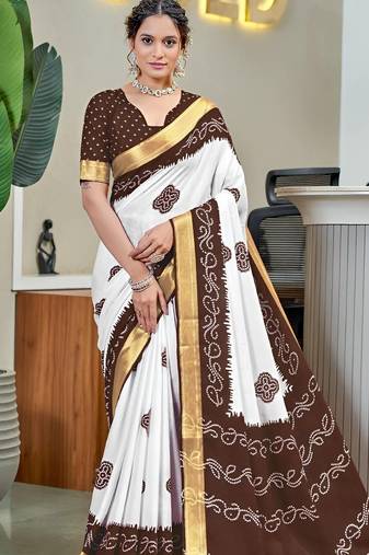 White bandhani printed  cotton saree with blouse