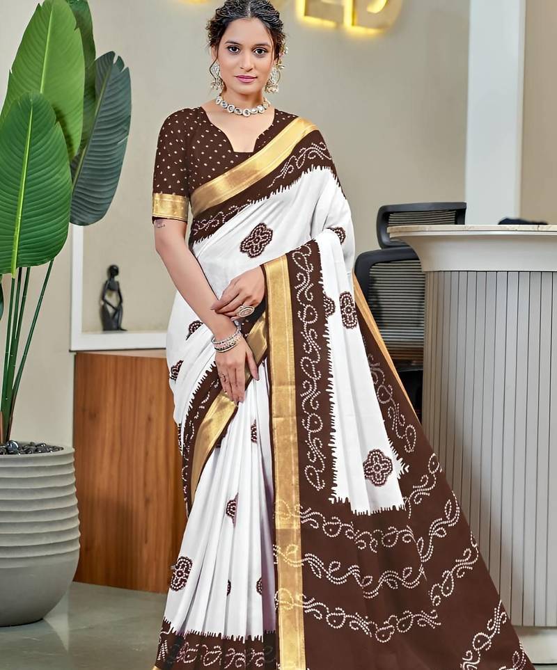 White bandhani printed  cotton saree with blouse