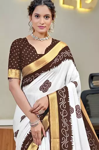 White bandhani printed  cotton saree with blouse