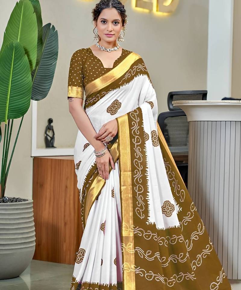 White bandhani printed  cotton handloom saree with blouse