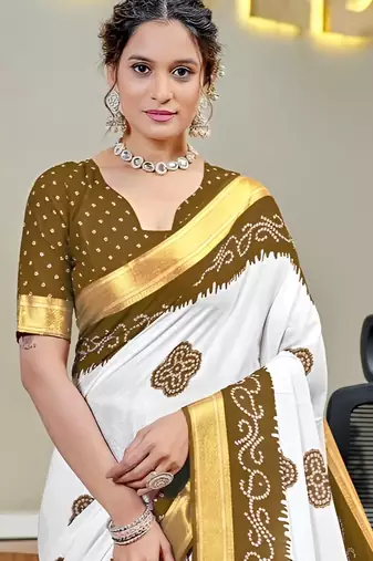 White bandhani printed  cotton handloom saree with blouse