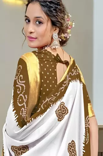 White bandhani printed  cotton handloom saree with blouse