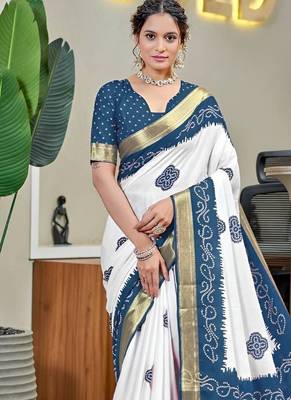 Blue bandhani printed  cotton saree with blouse piece 1