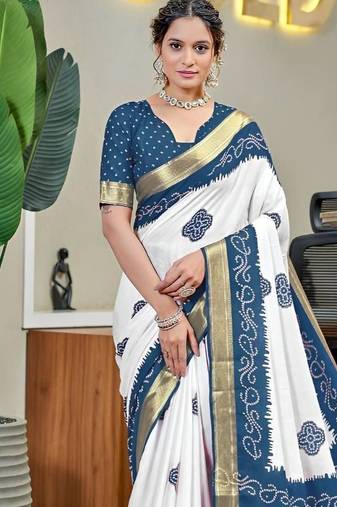 Blue bandhani printed  cotton saree with blouse piece