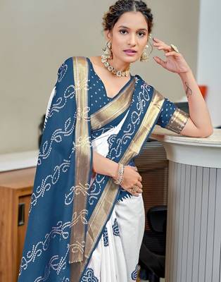 Blue bandhani printed  cotton saree with blouse piece 3