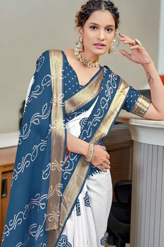 Blue bandhani printed  cotton saree with blouse piece