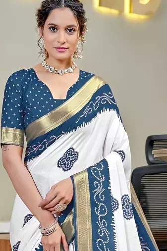 Blue bandhani printed  cotton saree with blouse piece